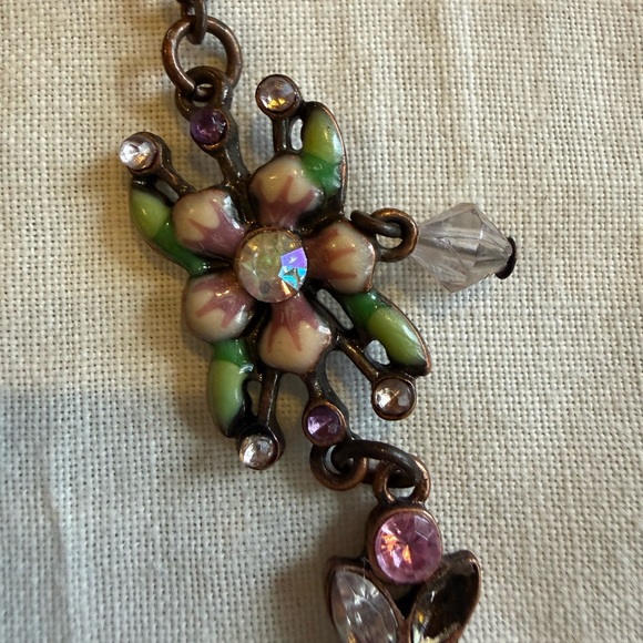 Cookie Lee Enamel Floral Green  and Pink  and crystals Necklace - Picture 8 of 8